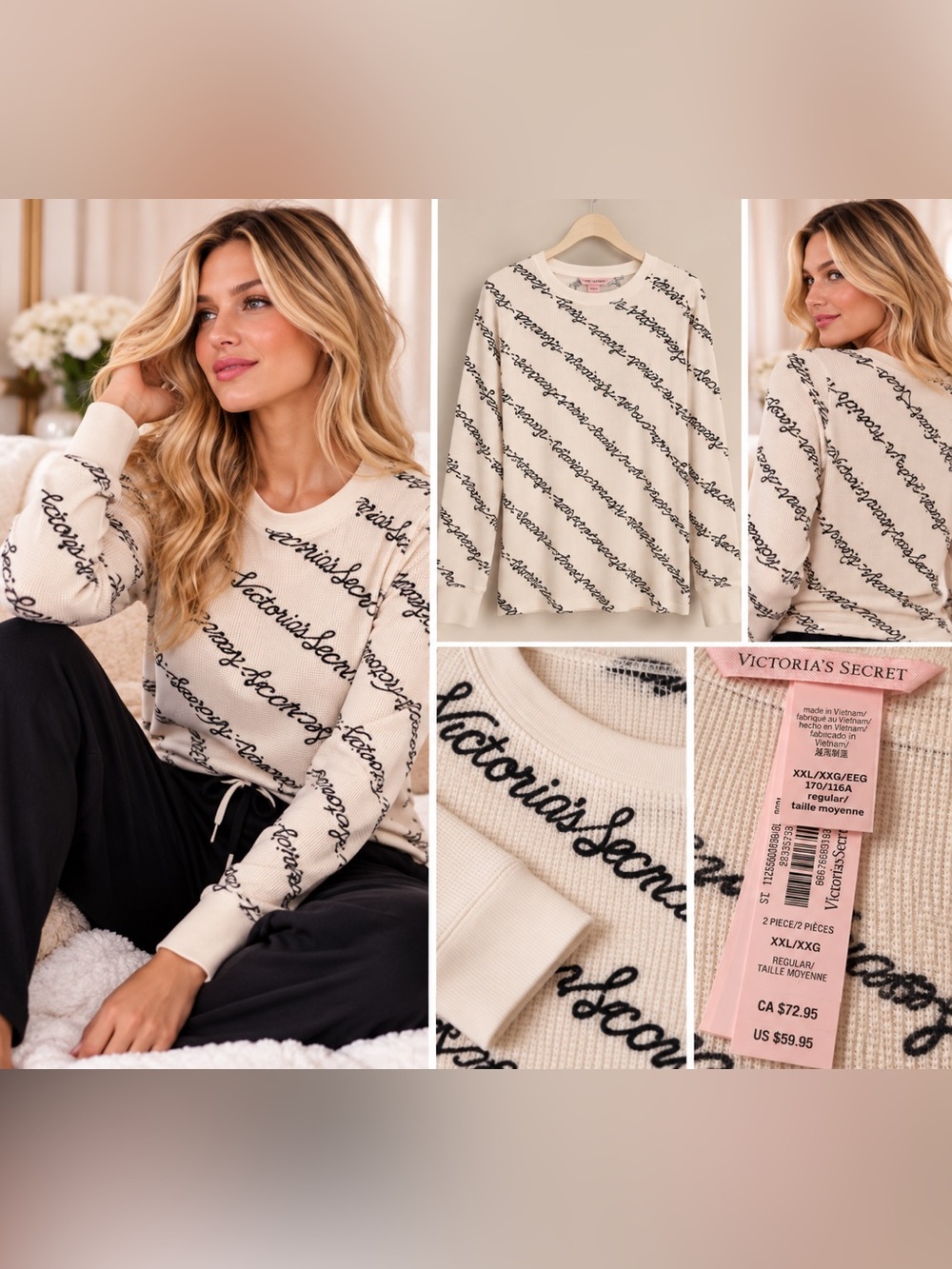 NWT Victoria's Secret Sz XXL Thermal Knit Top with Black Script Logo